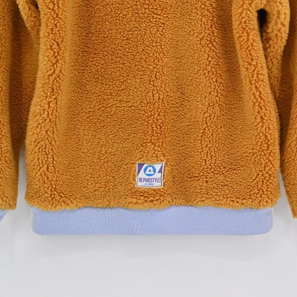 ALPHASTYLE Mens Tan Sherpa Pullover Sweatshirt Monogram Streetwear Size Small - Picture 7 of 10